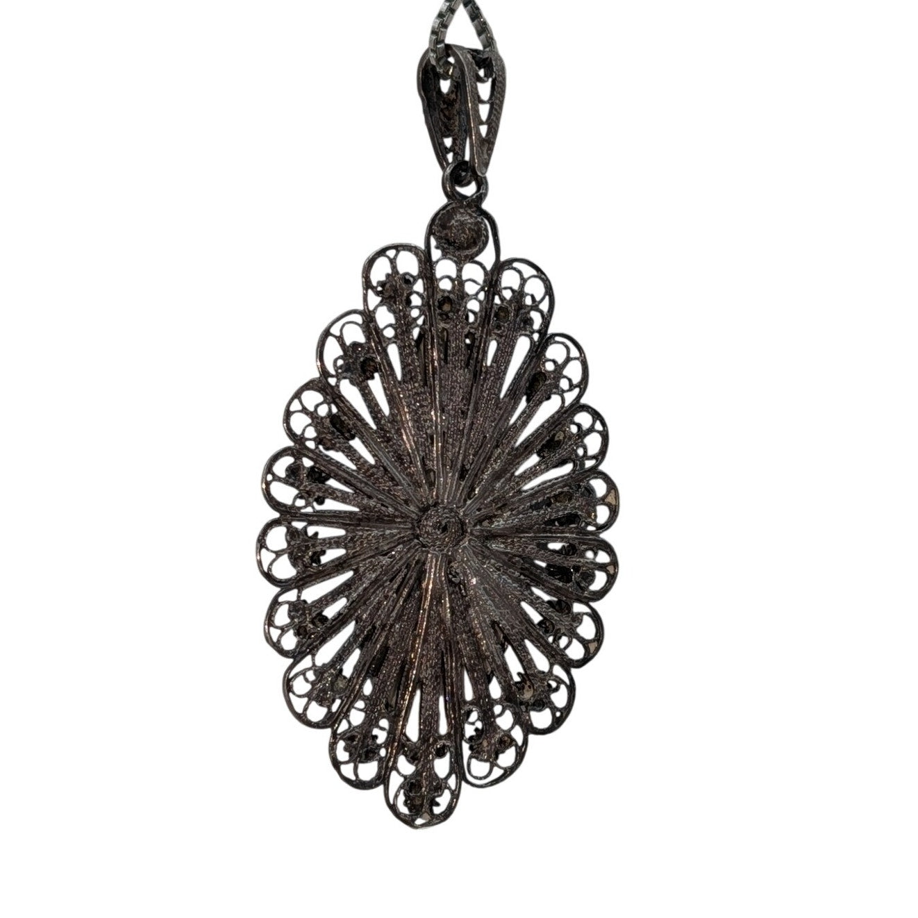 Vtg Hand Made Silver Filigree Mother of Pearl Teardrop Pendant Chain Necklace