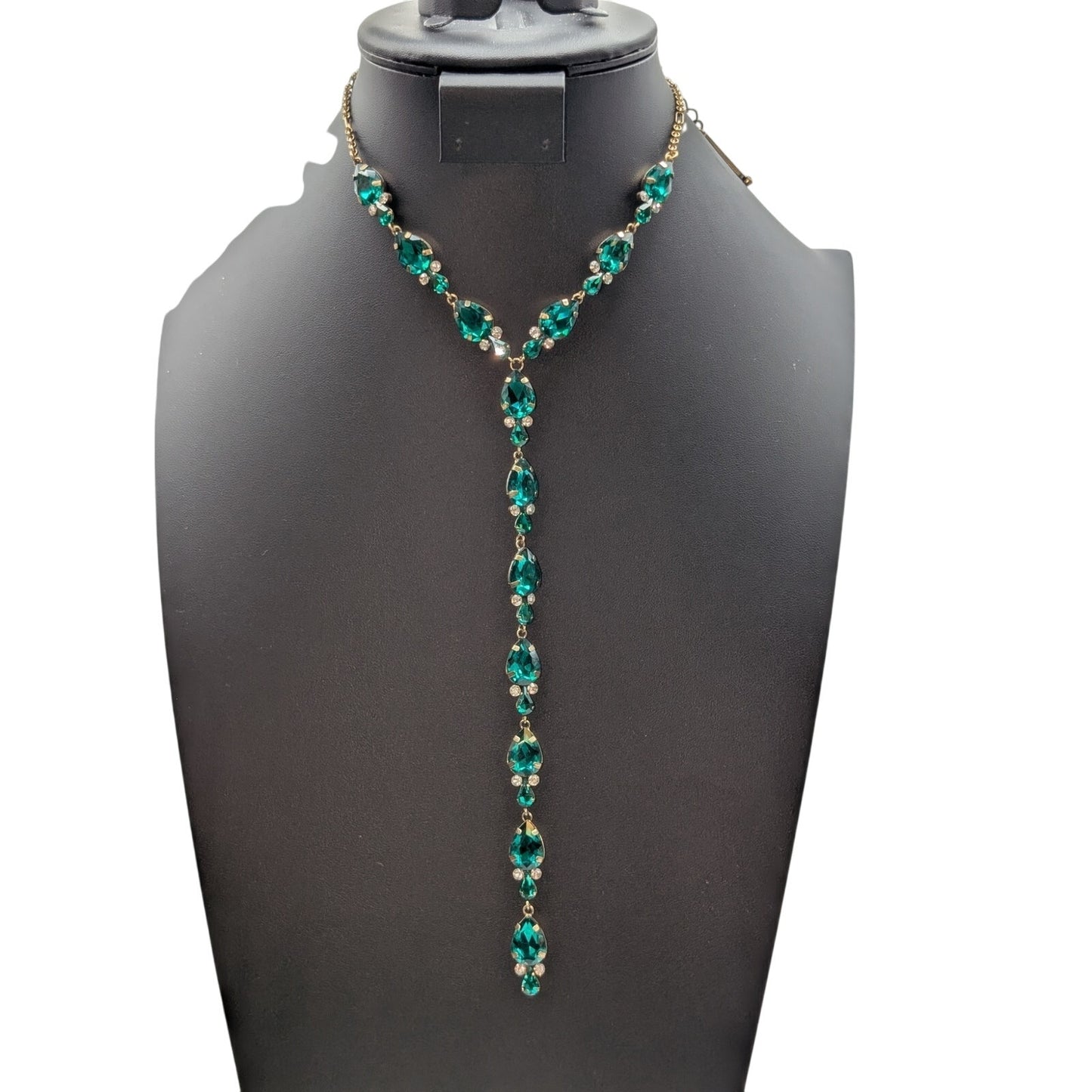 Sherri Hill Gold Tone Metal Green & Clear Rhinestone Long Y 15"-18" Necklace