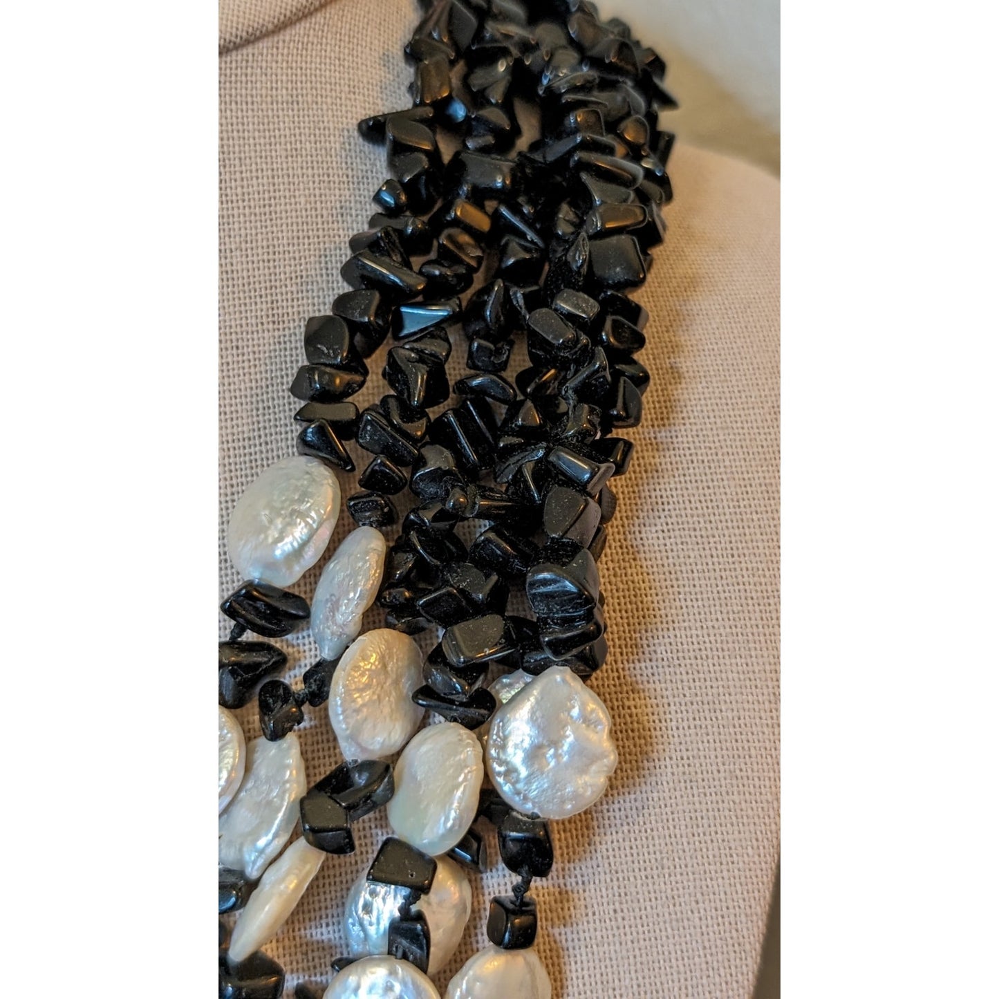 Six Strand White Coin Pearl Black Onyx Chip Sterling Slide In Clasp Necklace