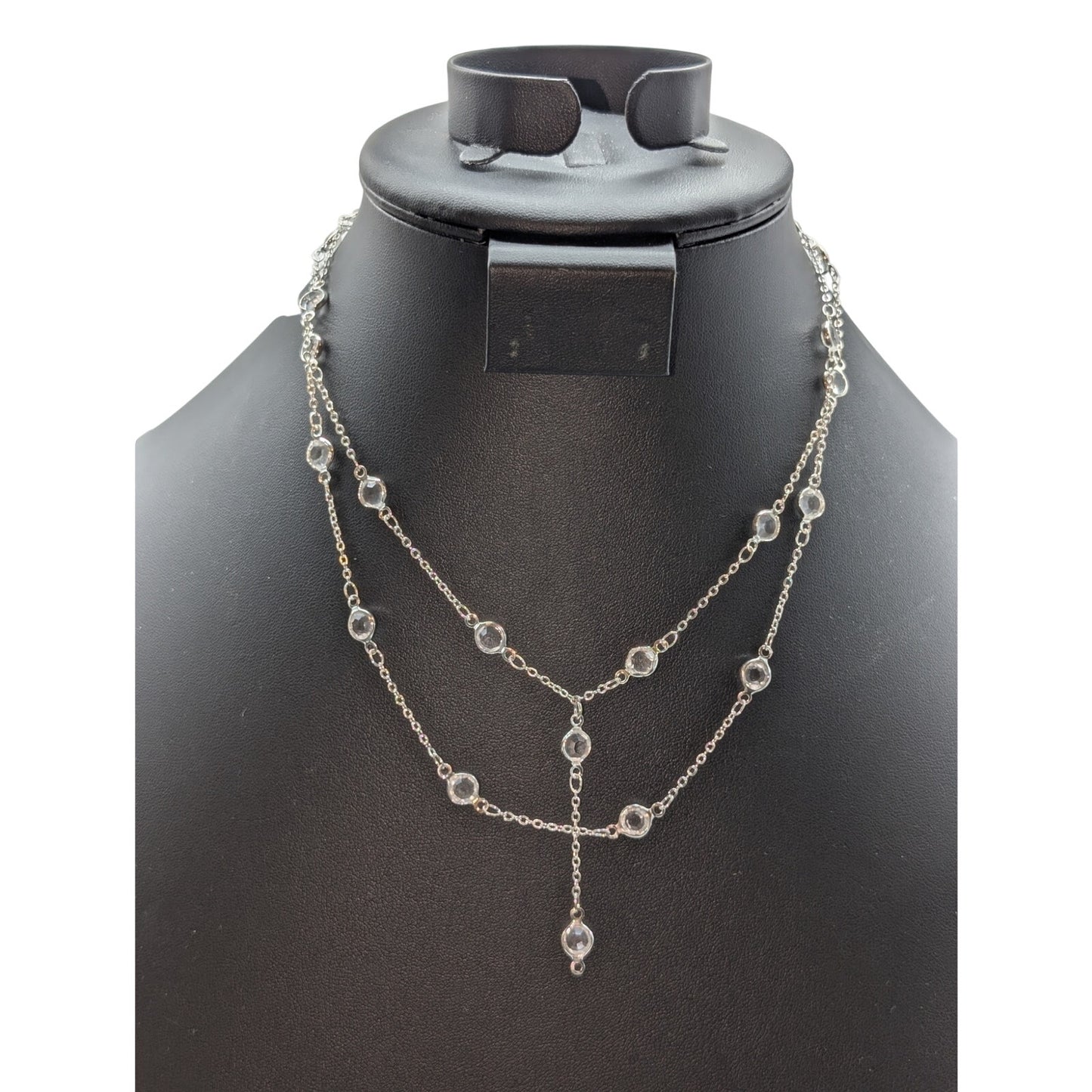 Double Strand Silver Tone Crystal Station Y Drop 15.5" Choker Necklace