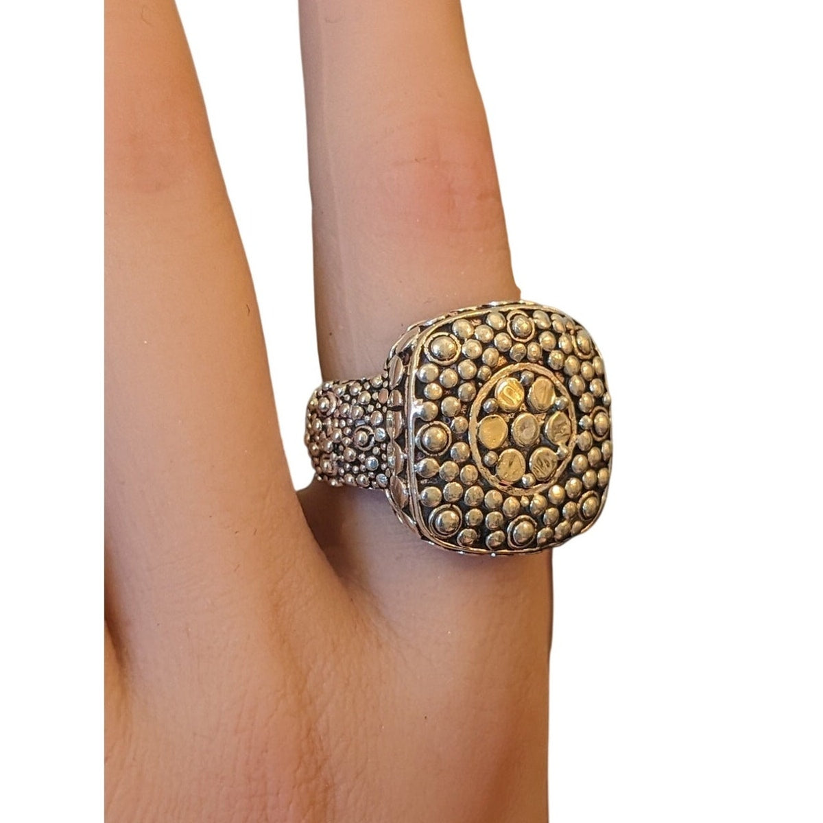 Chunky Two Toned Beaded Granulated 925 Sterling Silver Ring Size 5.5