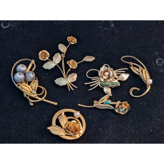 Lot of Six Vintage Gold Tone Rose Filigree Leaf Collage of Brooches