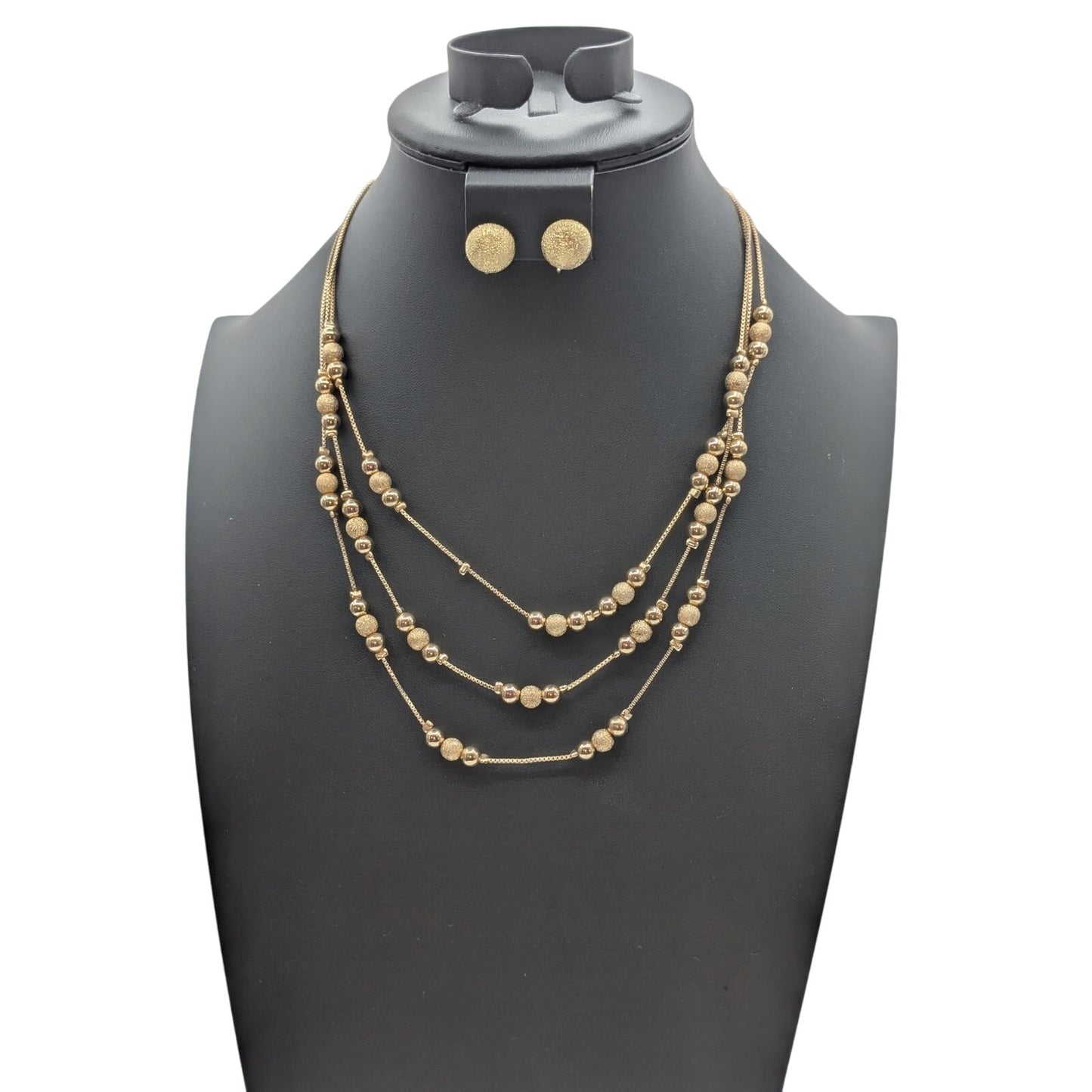 Vtg Etienne Aigner Three Strand Brushed Gold Tone Ball Necklace Earring Set
