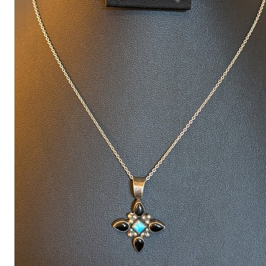 Vintage Black Onyx & Turquoise Sterling Beaded Four Point Pendant Necklace