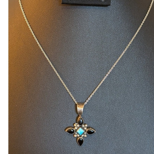 Vintage Black Onyx & Turquoise Sterling Beaded Four Point Pendant Necklace