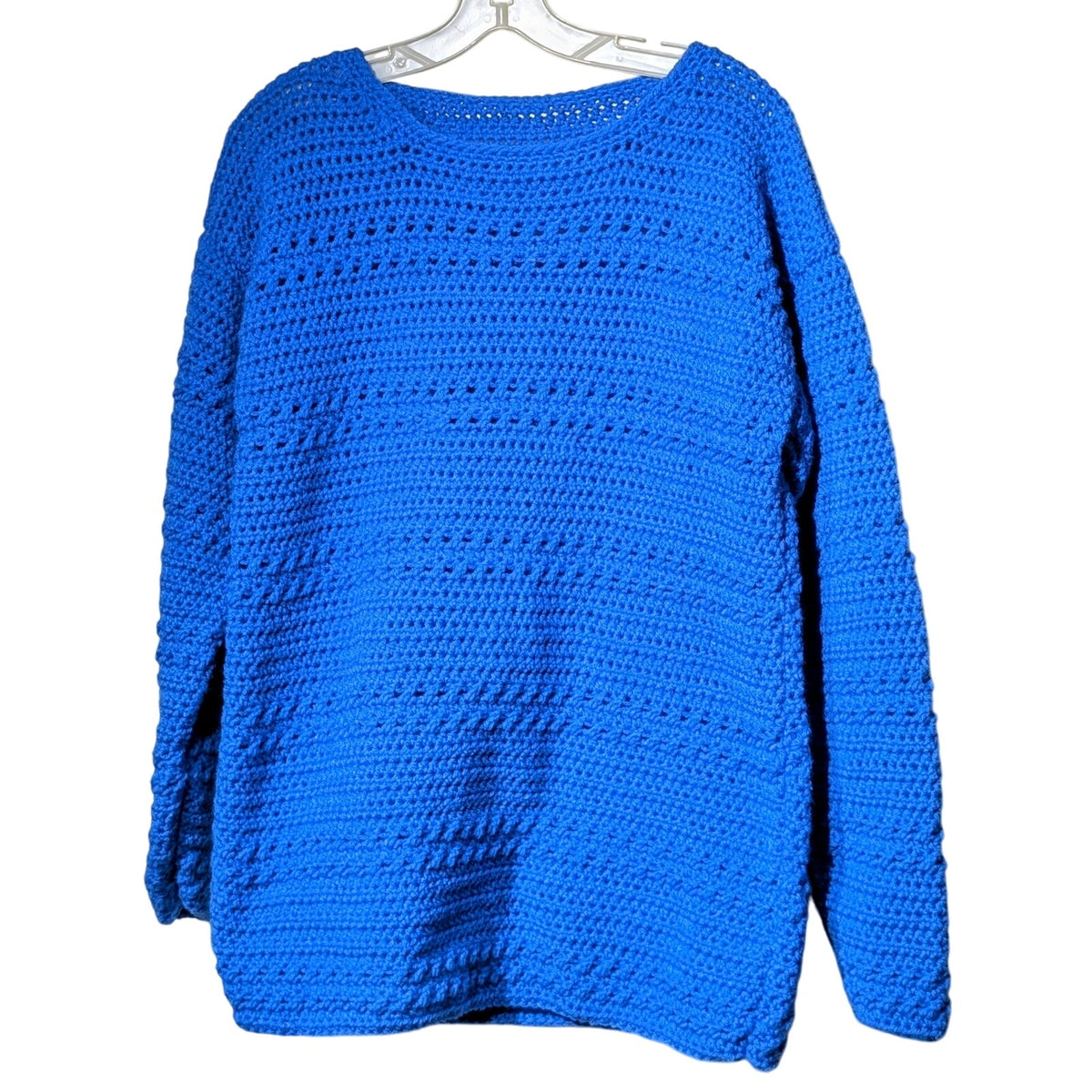 Hand Made Crocheted Loose Knit Nautical Blue Crew Neck Sweater Size Approx. L