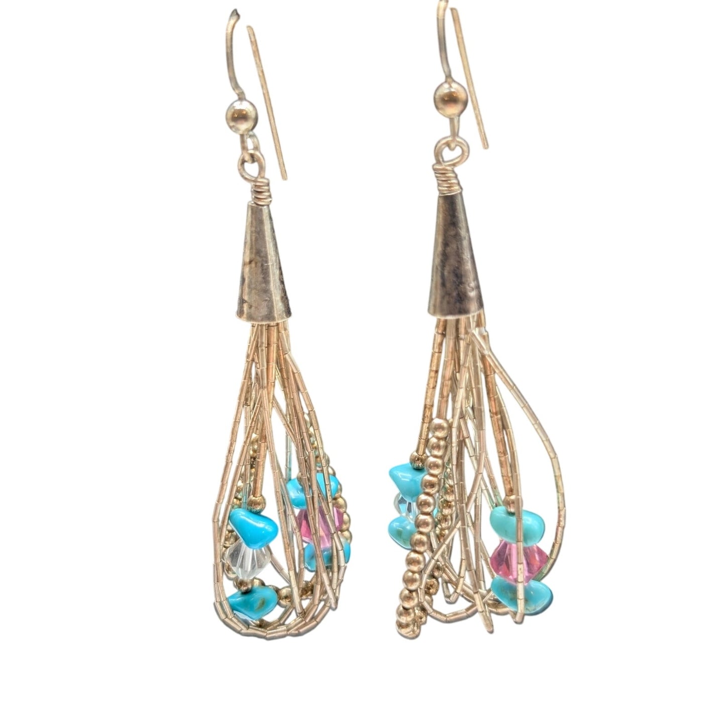VTG Sterling Native American Liquid Silver Turquoise Crystal Bead Earrings