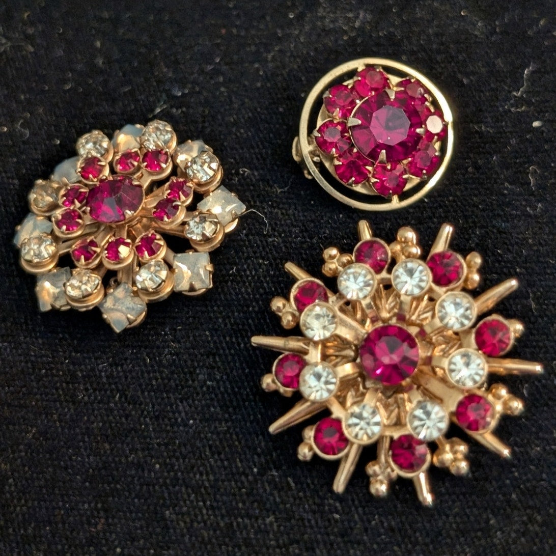 Set of Three Gold Tone Red Clear Rhinestone Unmarked Vintage Brooches