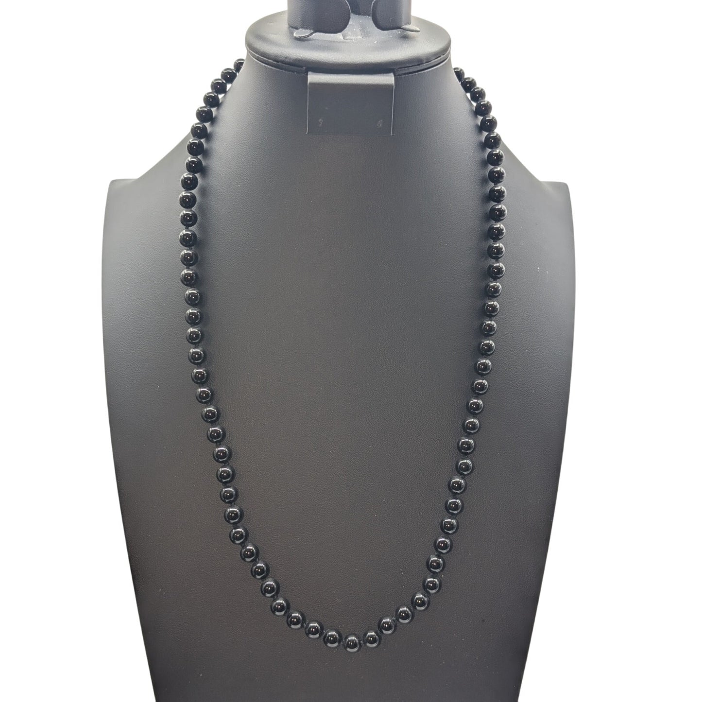 8mm Black Stone Beaded Hand Knotted Necklace 925 Vermeil Chinese Symbol Clasp