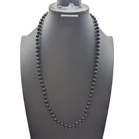 8mm Black Stone Beaded Hand Knotted Necklace 925 Vermeil Chinese Symbol Clasp