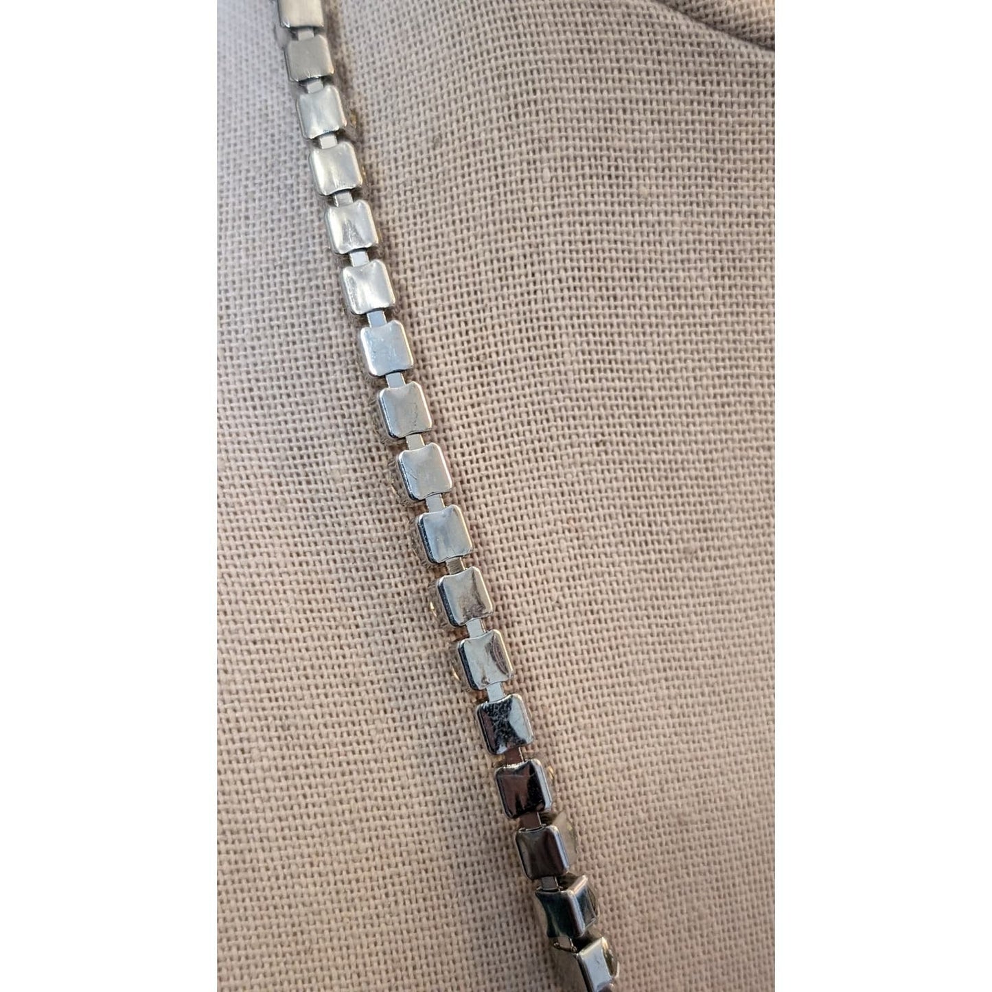 Vintage Long Square Set Closed Back Rhinestone 'Tennis' Fold Over Clasp Necklace