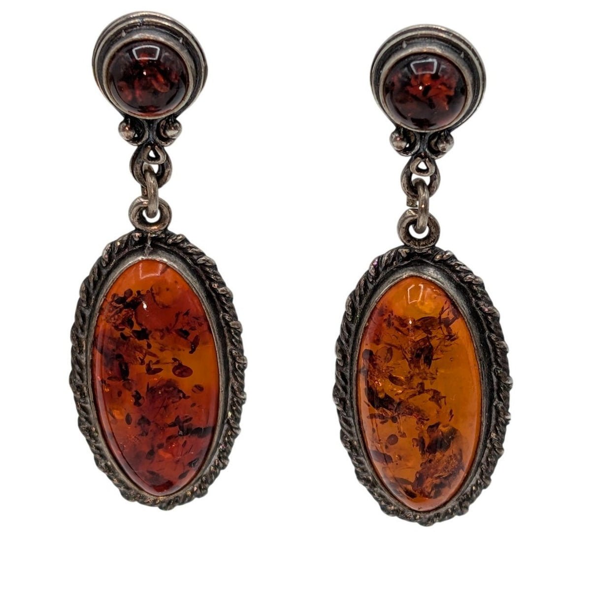 Vintage 925 Sterling Silver Baltic Amber Oval Drop Dangle Earrings