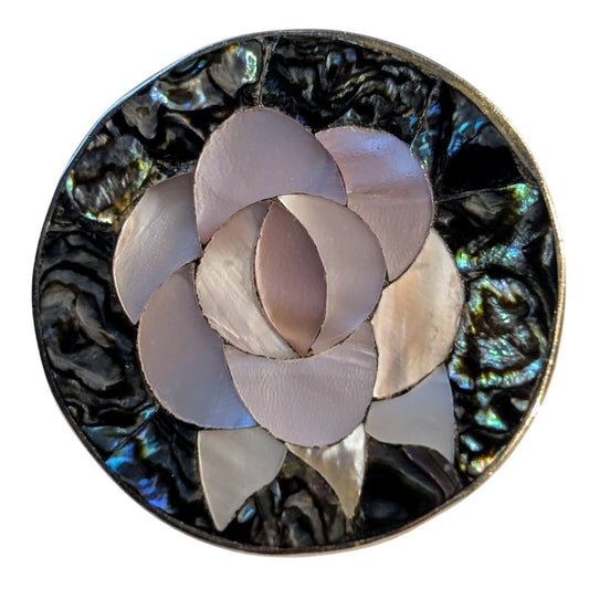 Vintage Artisan Abalone MOP Rose Floral Silver Tone Brooch