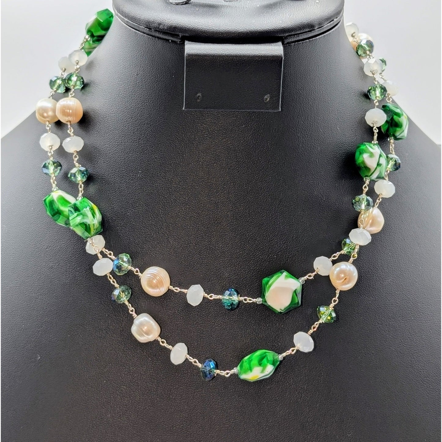 925 Sterling Silver Green White Swirl Glass Genuine Pearl Crystal 34" Necklace