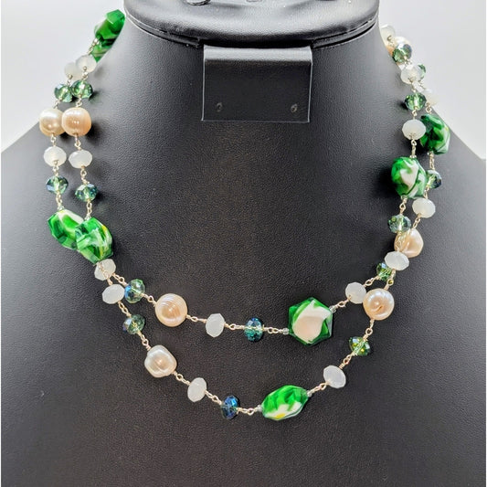 925 Sterling Silver Green White Swirl Glass Genuine Pearl Crystal 34" Necklace