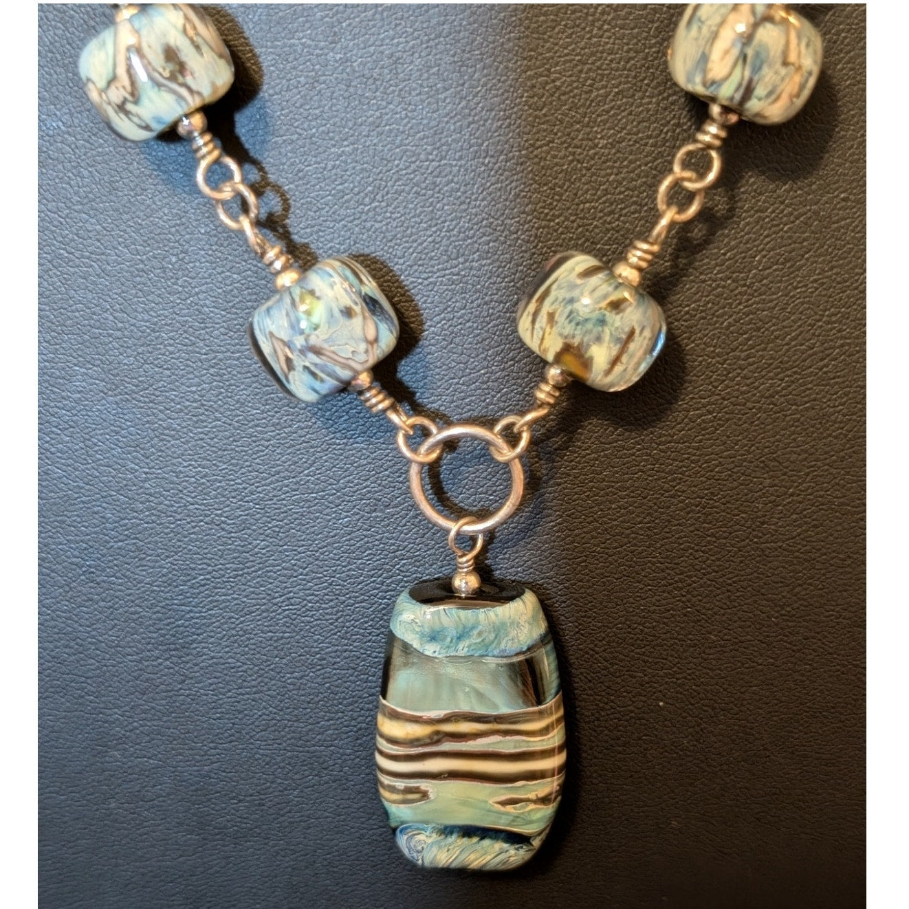 Signed 'Moon' Turquoise Brown Cream Striped Lampwork Bead Sterling Necklace