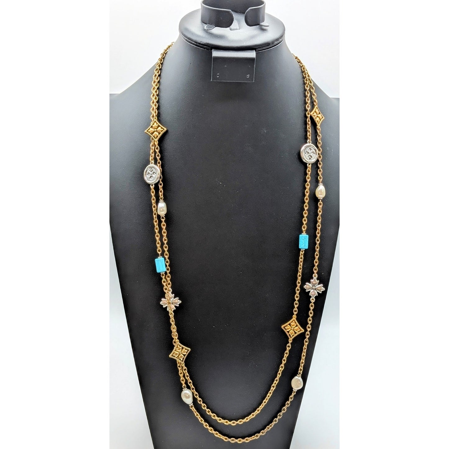 Patricia Nash Two Strand Antique Gold/Bronze Chain Two Tone Beaded Necklace