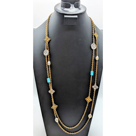 Patricia Nash Two Strand Antique Gold/Bronze Chain Two Tone Beaded Necklace