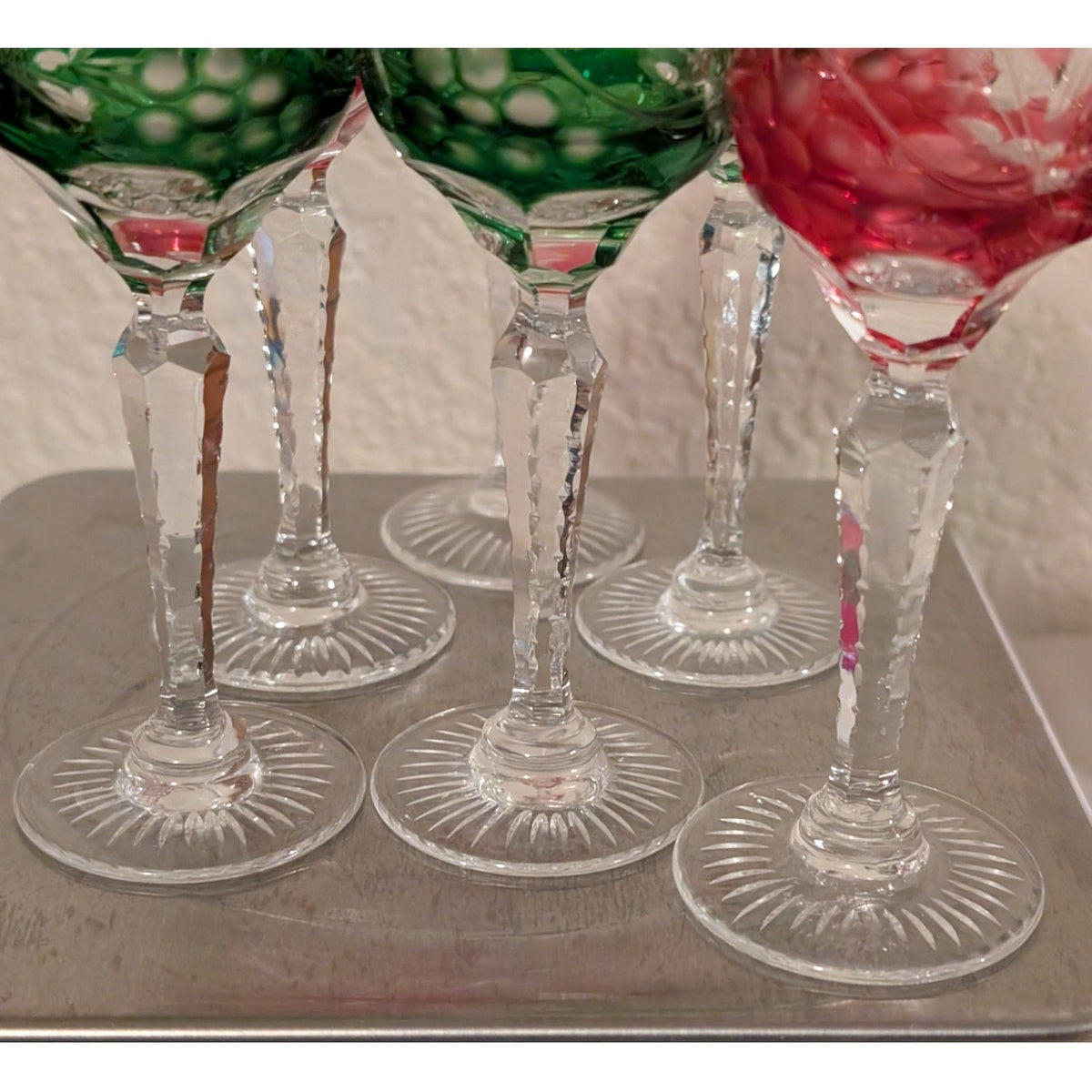 Vtg Czech Bohemian 3 Cranberry & 3 Green Cut to Clear Crystal Cordials Set of 6