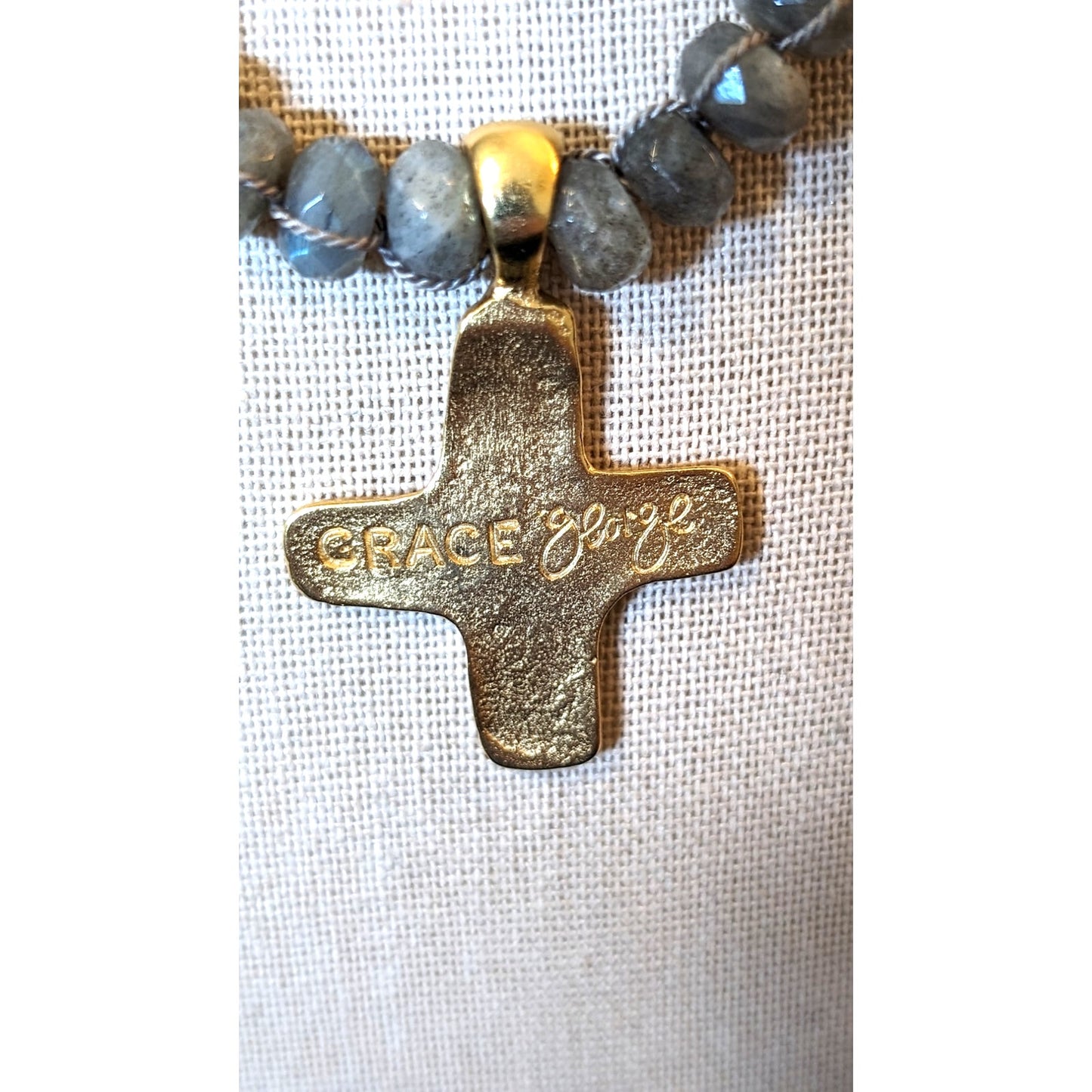 Grace George Gray Faceted Glass Bead Necklace W/ Chunky Gold Tone Cross Pendant