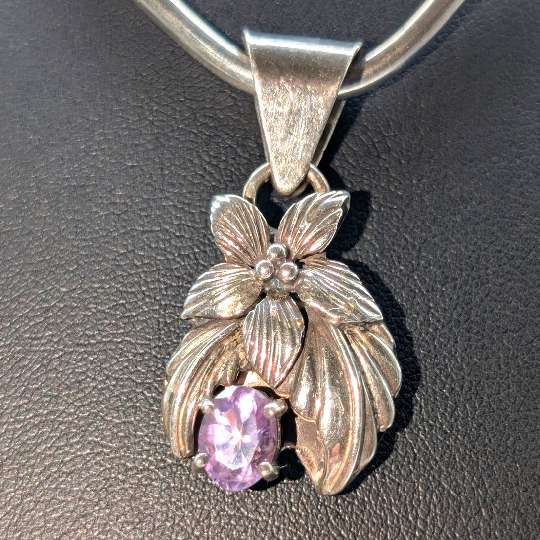 Vintage Sterling Genuine Amethyst Flower Pendant (Only)