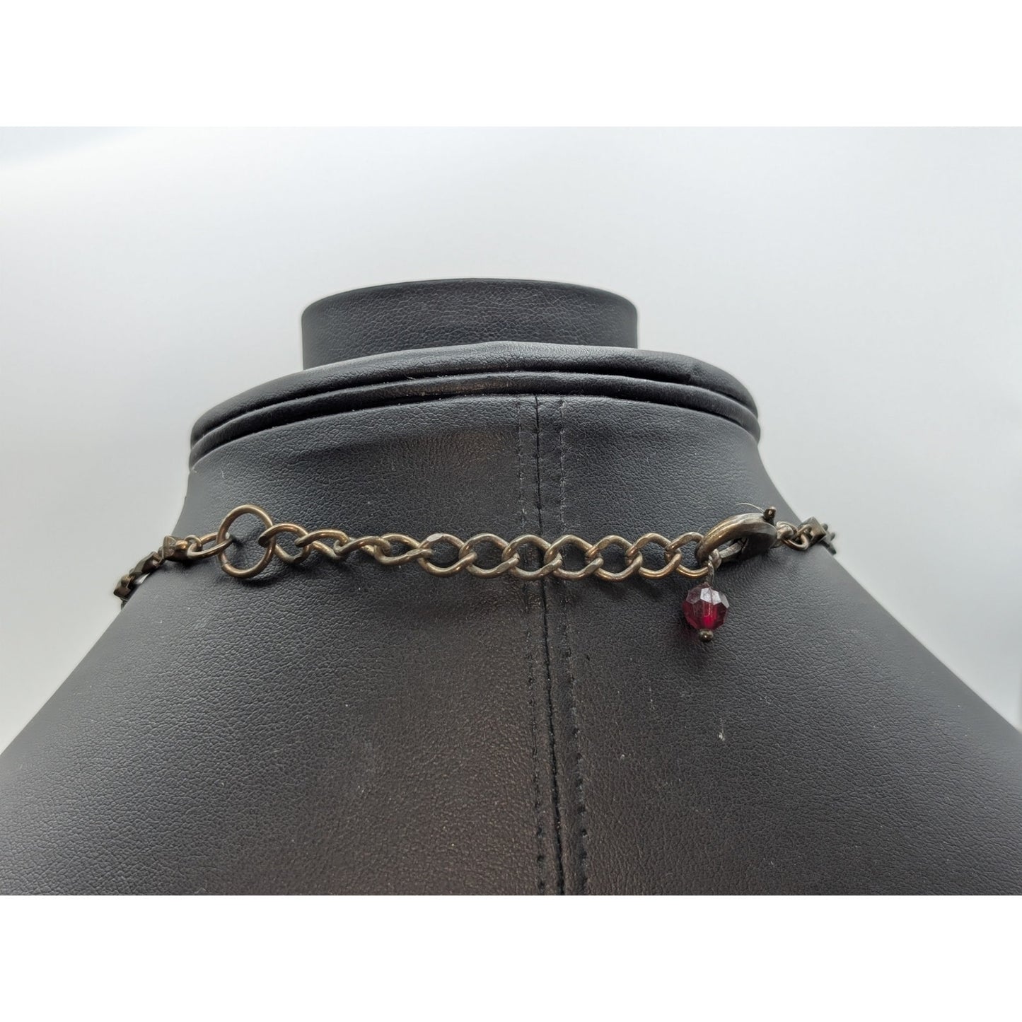 Antiqued Bronze Metal & Red Crystal Medallion Pendant Chain 16.5"-19" Necklace