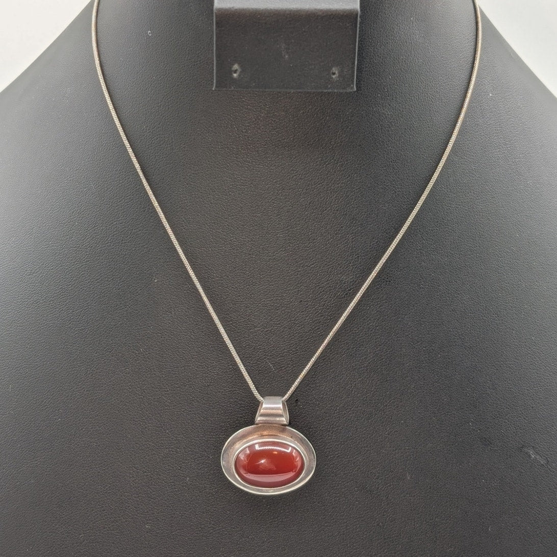 Vtg 925 Sterling Silver Mexico Bezel Set Carnelian Stone 16.5" Chain Necklace