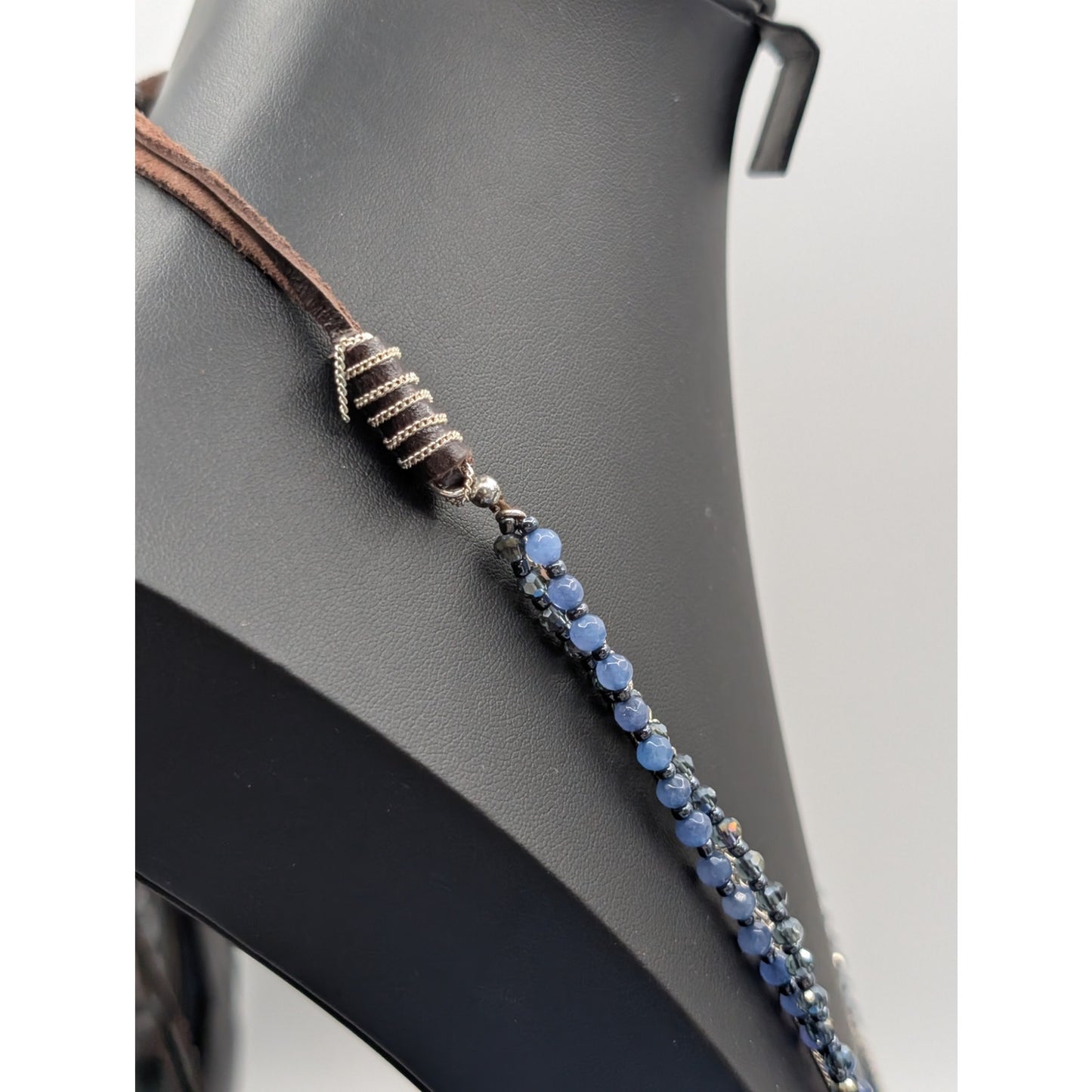 Silver Tone Multi-Chain Blue Bead Rawhide Adjustable Boho Necklace