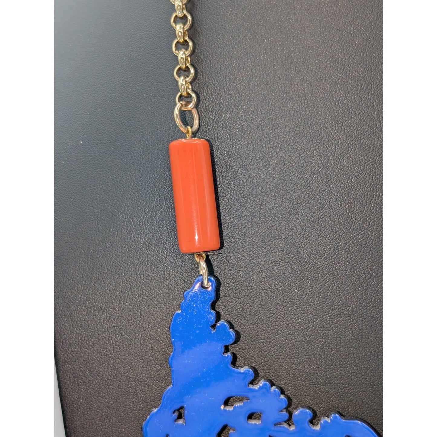 Zenzii Blue Orange Gold Tone Laser Cut Heavy Acrylic Lace Bib Statement Necklace