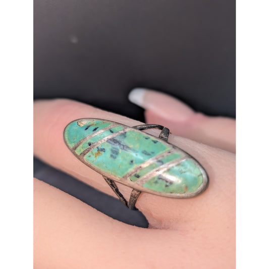 Vintage Sterling Silver Inlay Greenish Long Oval Chipped Stone Ring Size 5.5