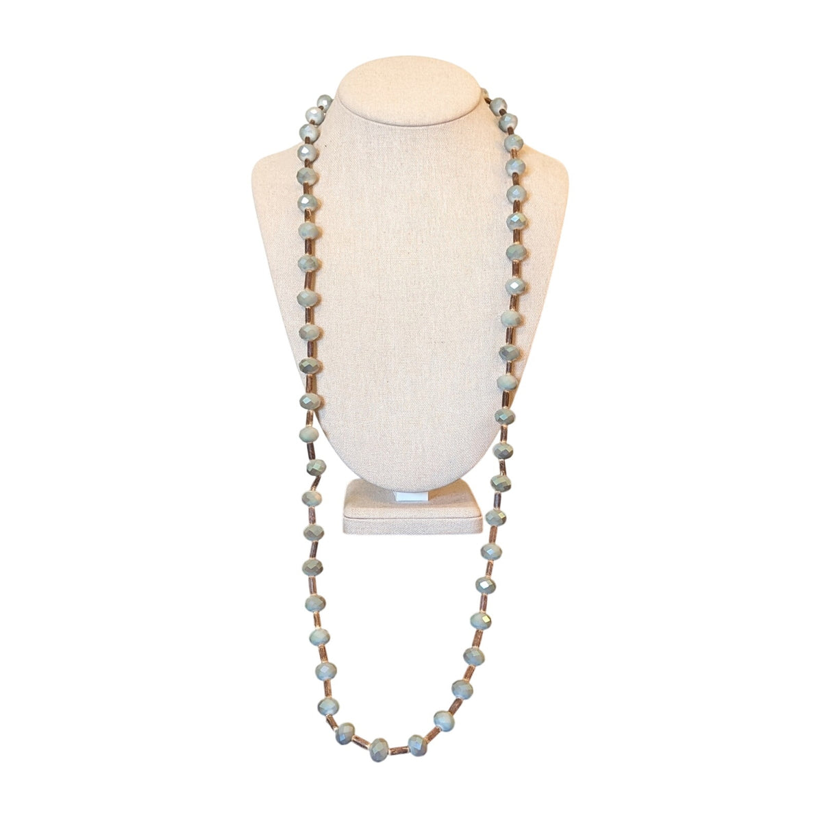 Plunder Designs Wood Smokey Blue Faceted Glass Crystal Bead Long Strand Necklace