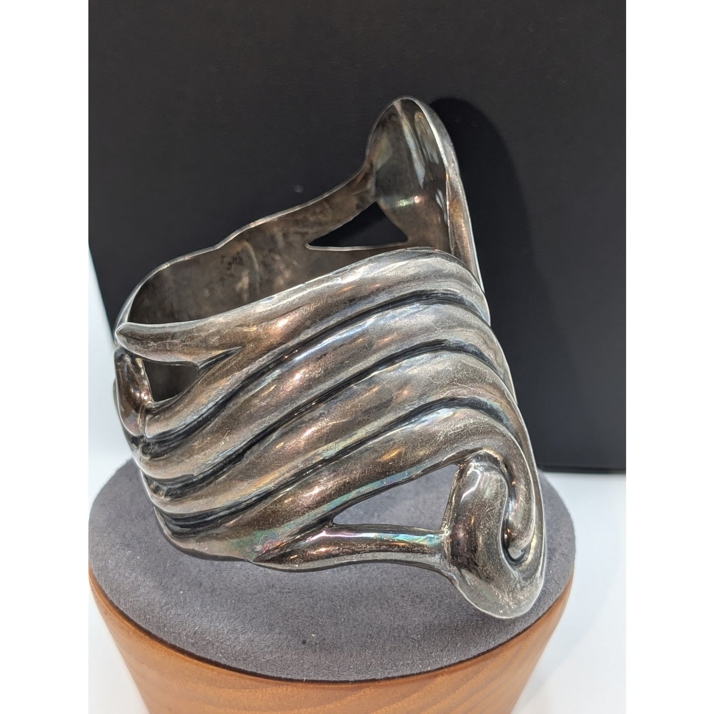 Vtg Taxco Signed ES Mexican Modernist 925 Sterling Scrolled Clamper Bracelet