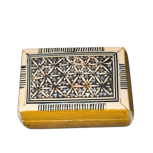Vintage Egyptian Inlaid Wood Mother of Pearl Hinged Trinket Box Velvet Lining