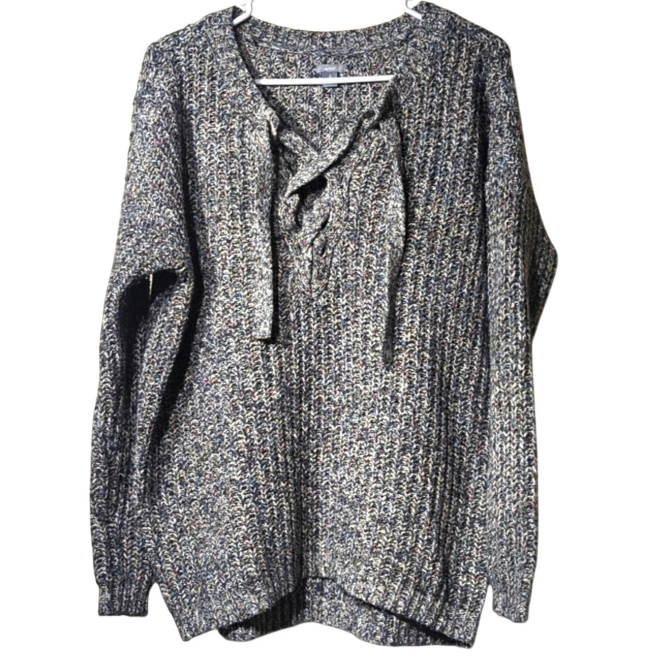 aerie Variegated Gray Woven Sweater with Criss Cross Tie Placket Women's Size SP