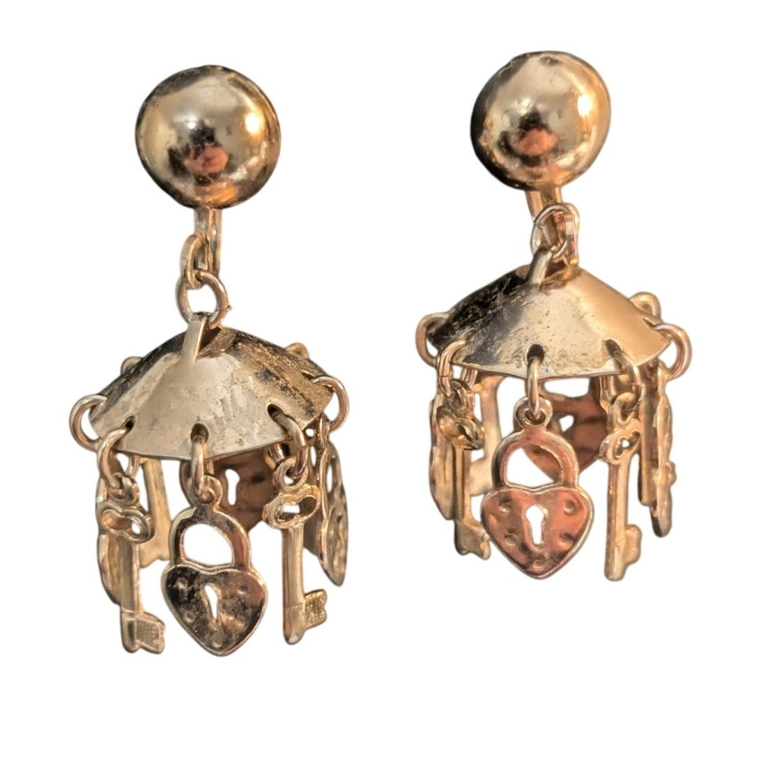Vintage Gold Tone Screw Back Lock & Key Dangle Chandelier Earrings