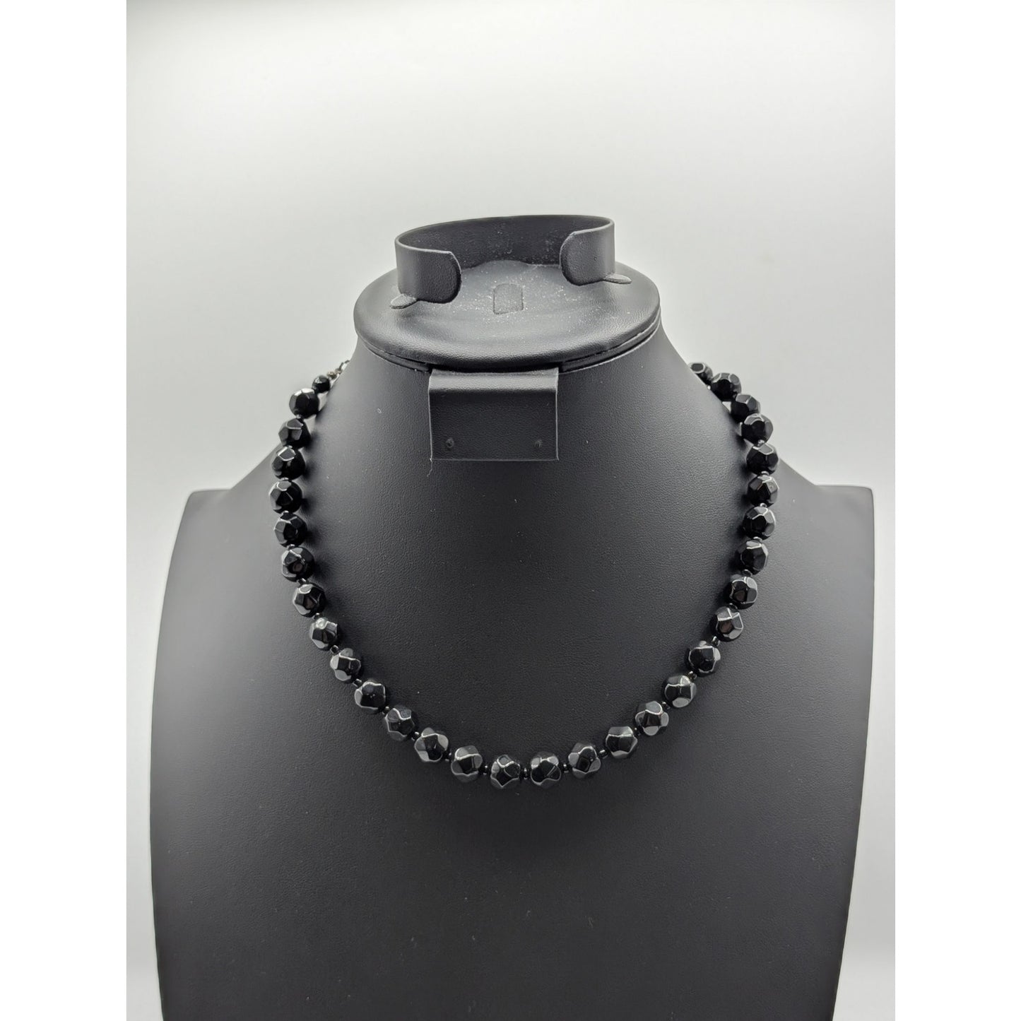 Vintage Black Faceted Glass Bead Hook Clasp 16.5"-18.5" Necklace