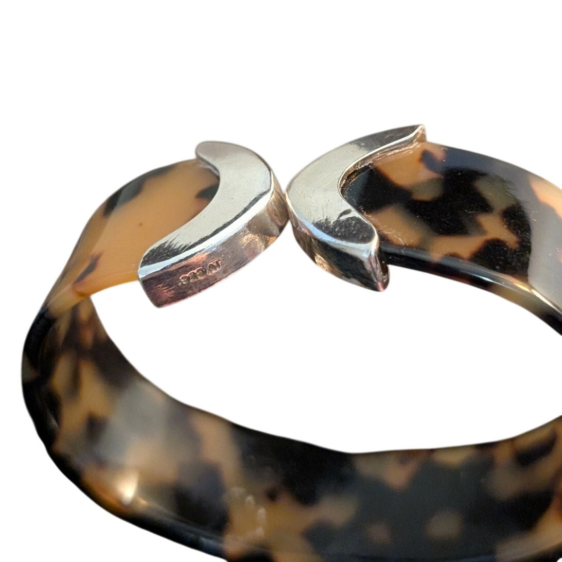 Vintage Sterling Silver 925 AT Faux Tortoise Shell  Cuff Bracelet