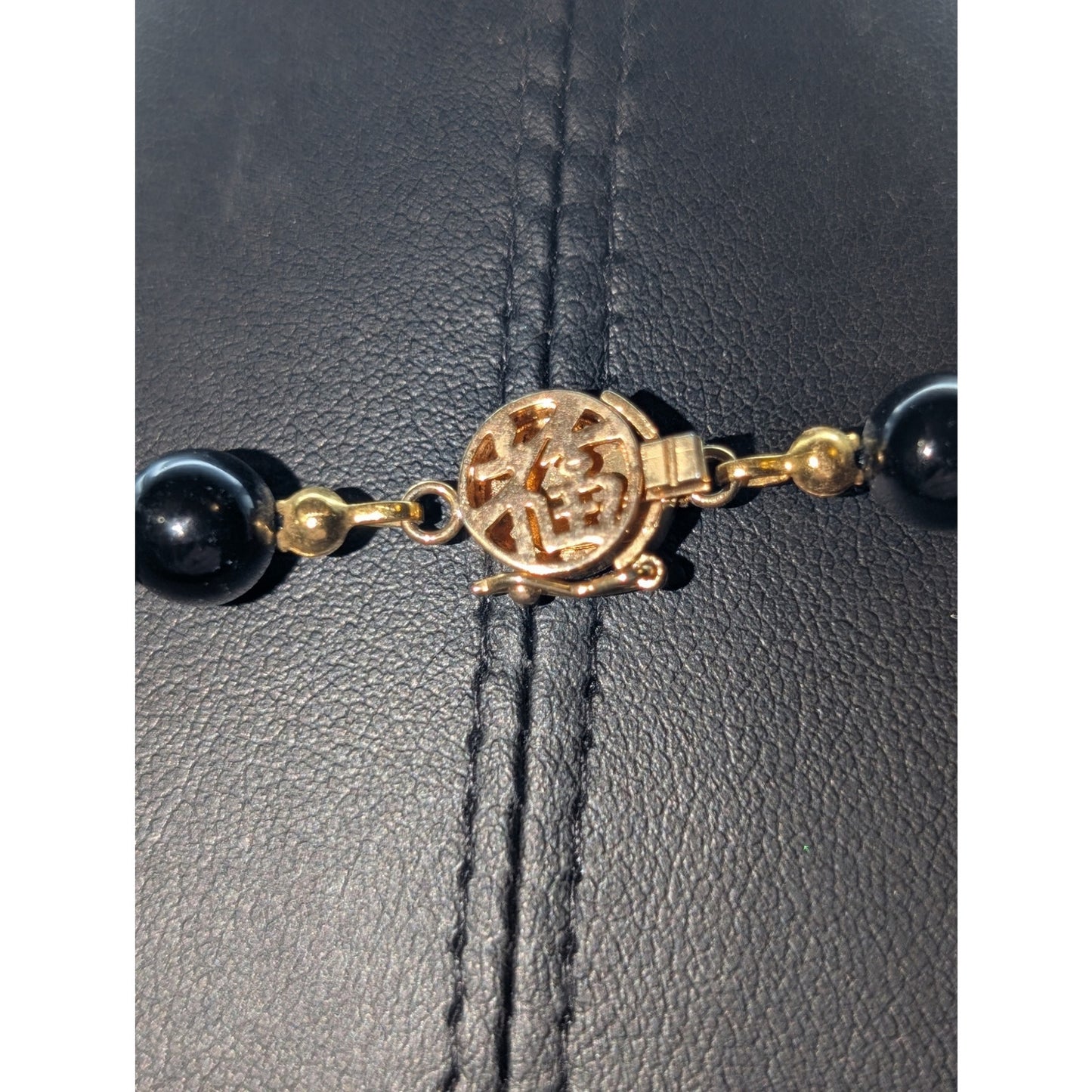 8mm Black Stone Beaded Hand Knotted Necklace 925 Vermeil Chinese Symbol Clasp