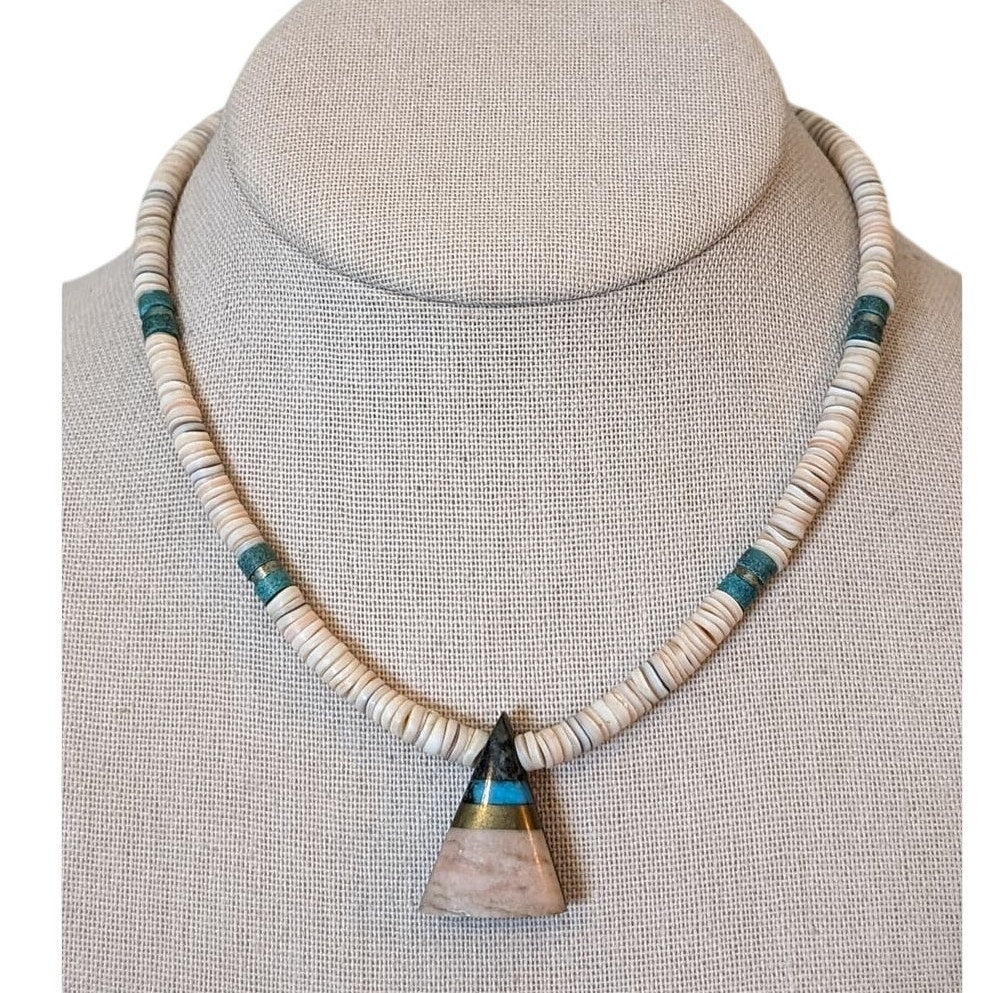 Vintage Native American Heishi Hook Closure Necklace W/ Triangular Inlay Pendant