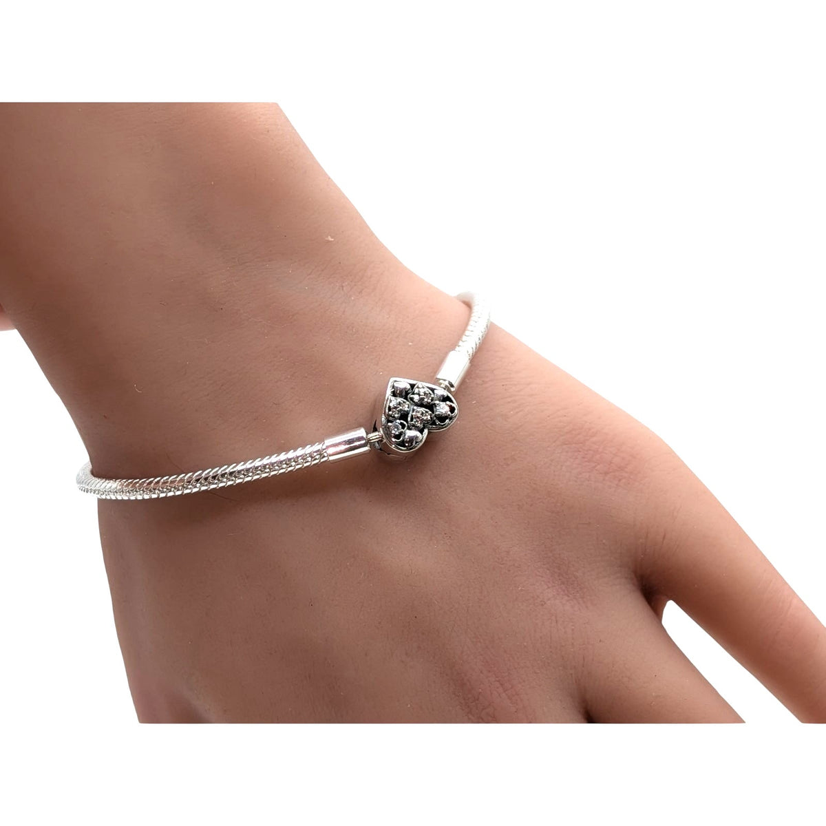925 Sterling Silver Snake Chain CZ Heart Charm Bracelet