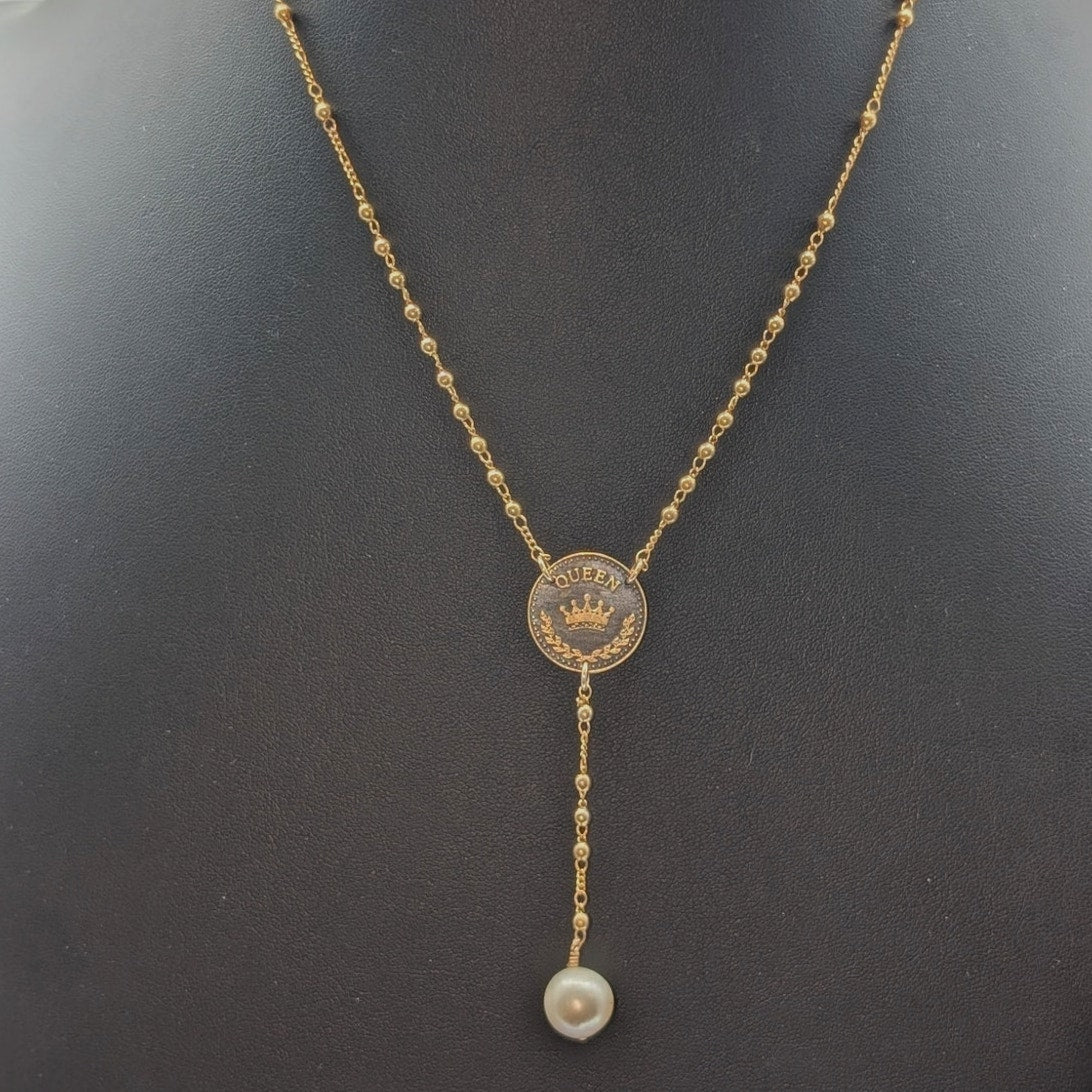 Mercedes Salazar Queen Y Drop Pearl Dangle Gold Filled Beaded Chain 18" Necklace