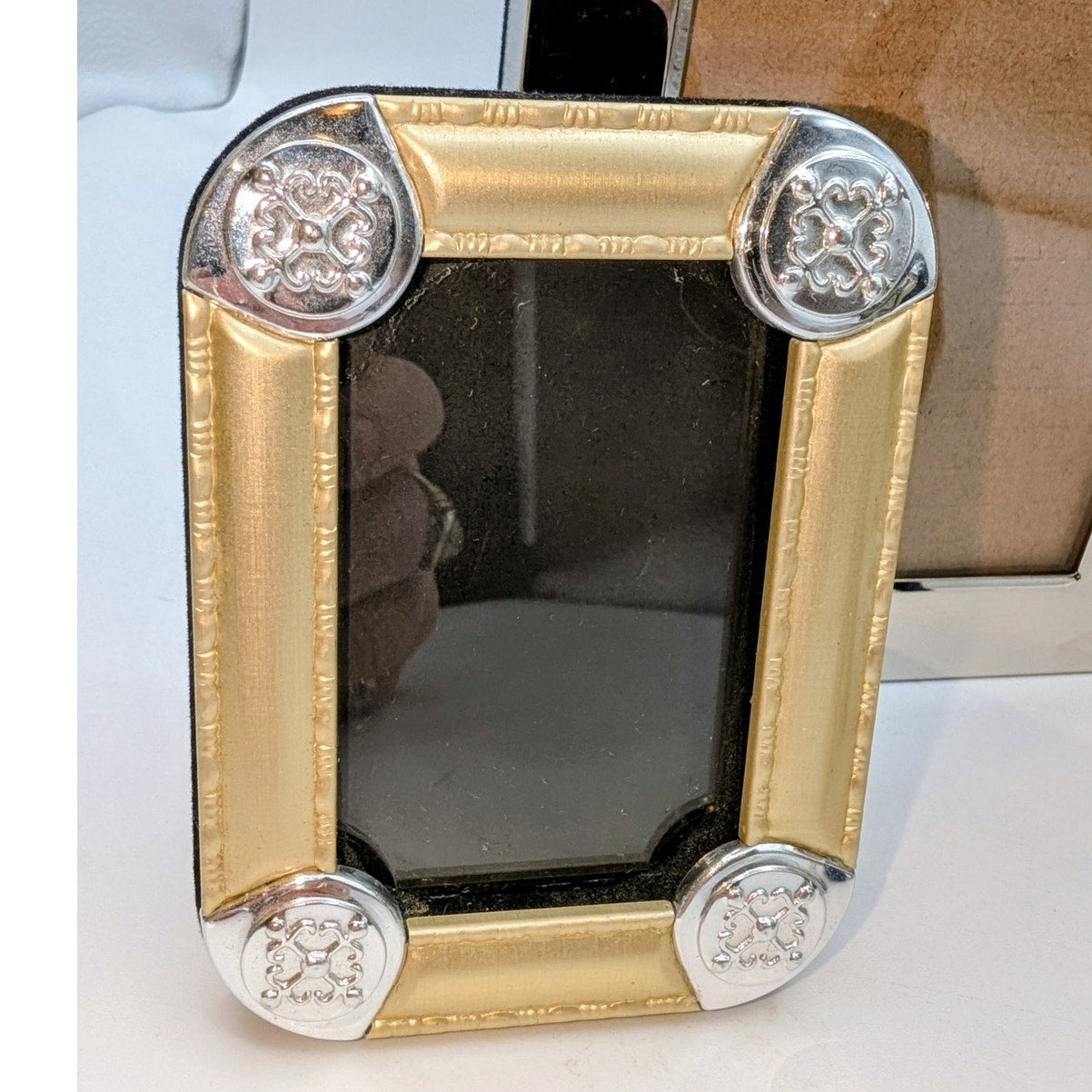 Lot of 3 Picture Frames - Pair of Small Two Tone & One Double Hinged Silver Tone