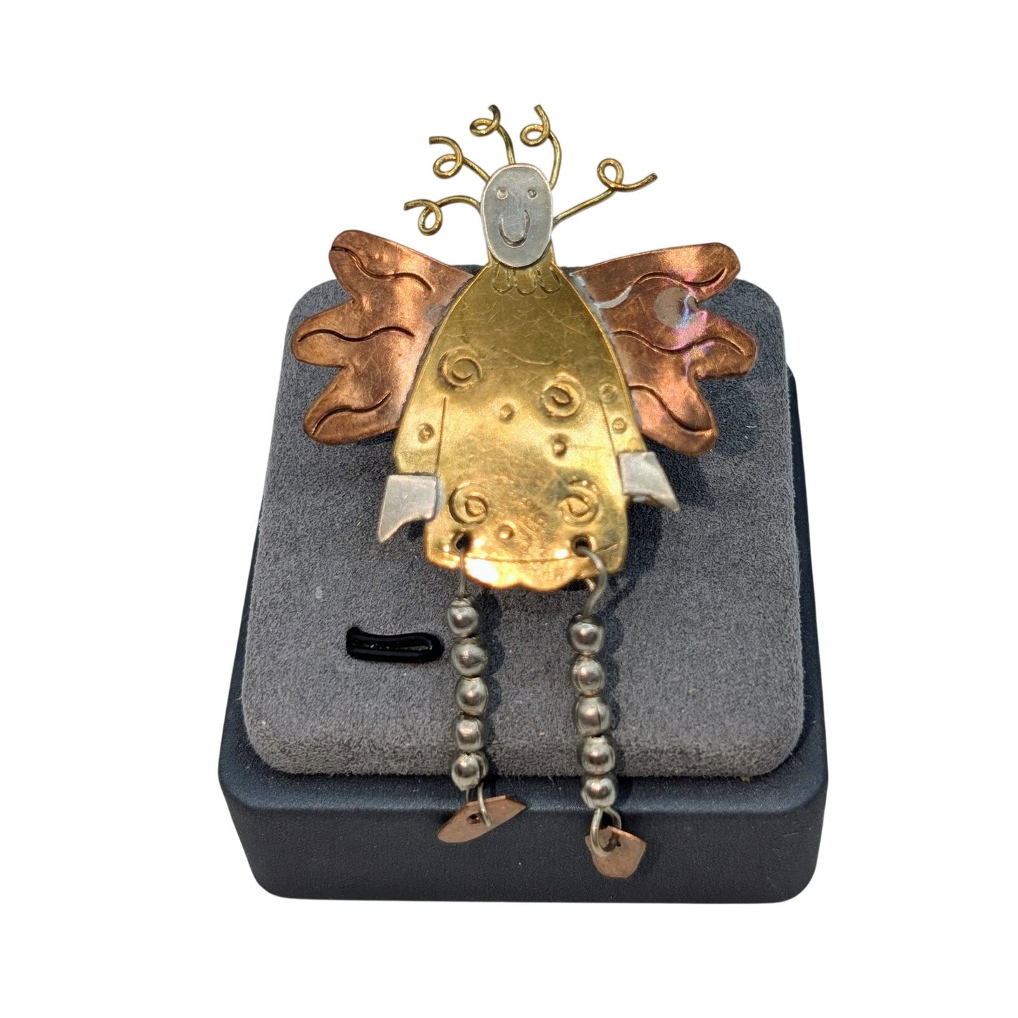 Tri-Color Metal Crazy Hair Folk Art Angel Pin W/ Dangling Legs