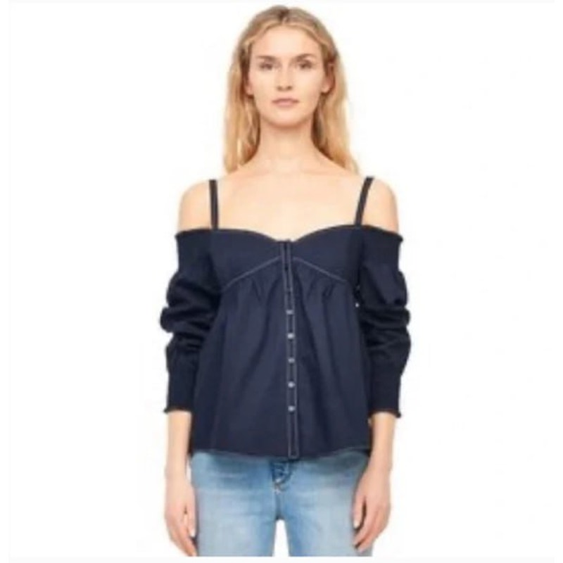 Rebecca Taylor Navy Blue Button Front Smocked Off Shoulder Cotton Blouse Sz 10