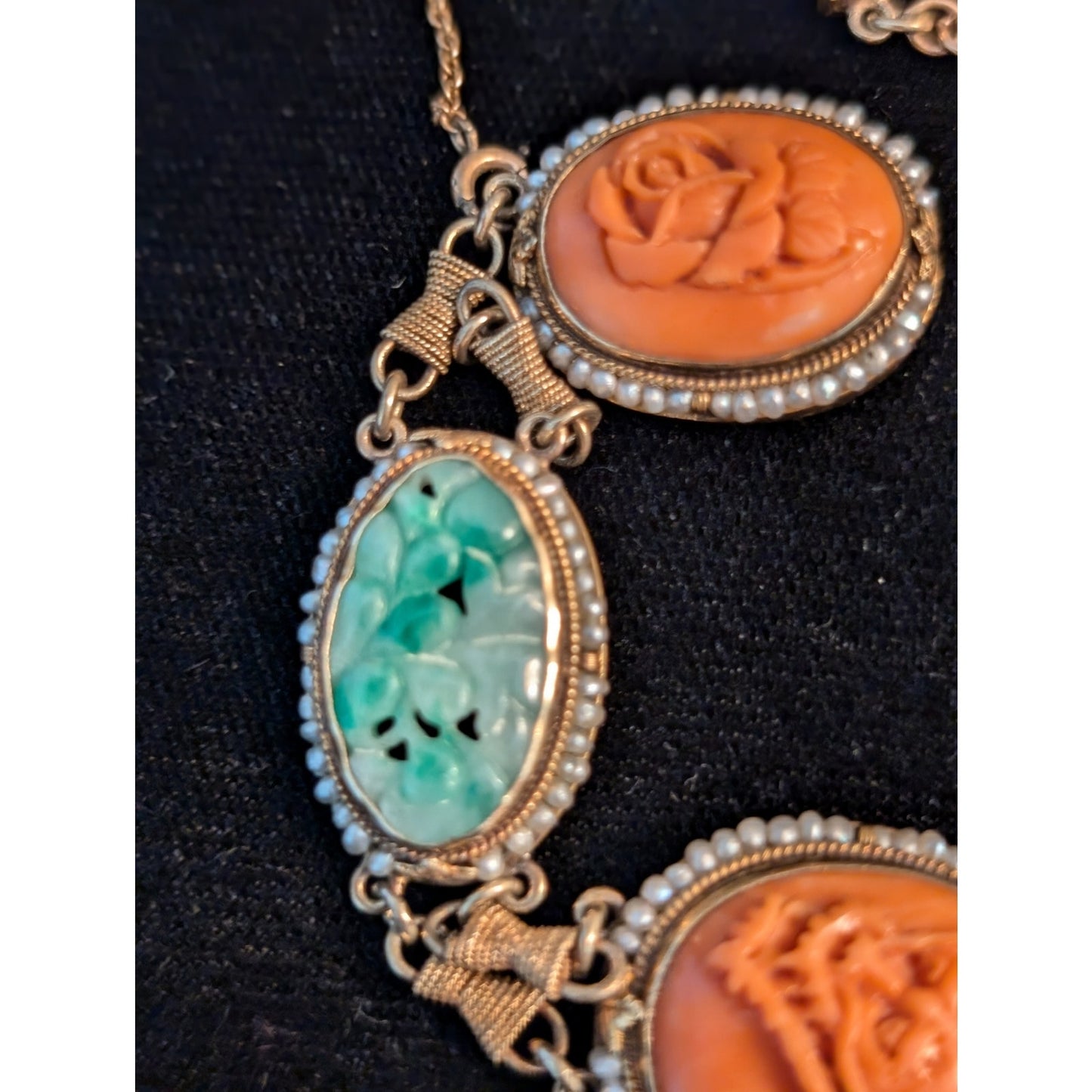 Antique Carved Green Jade Coral & Seed Pearl 14k Yellow Gold Bracelet
