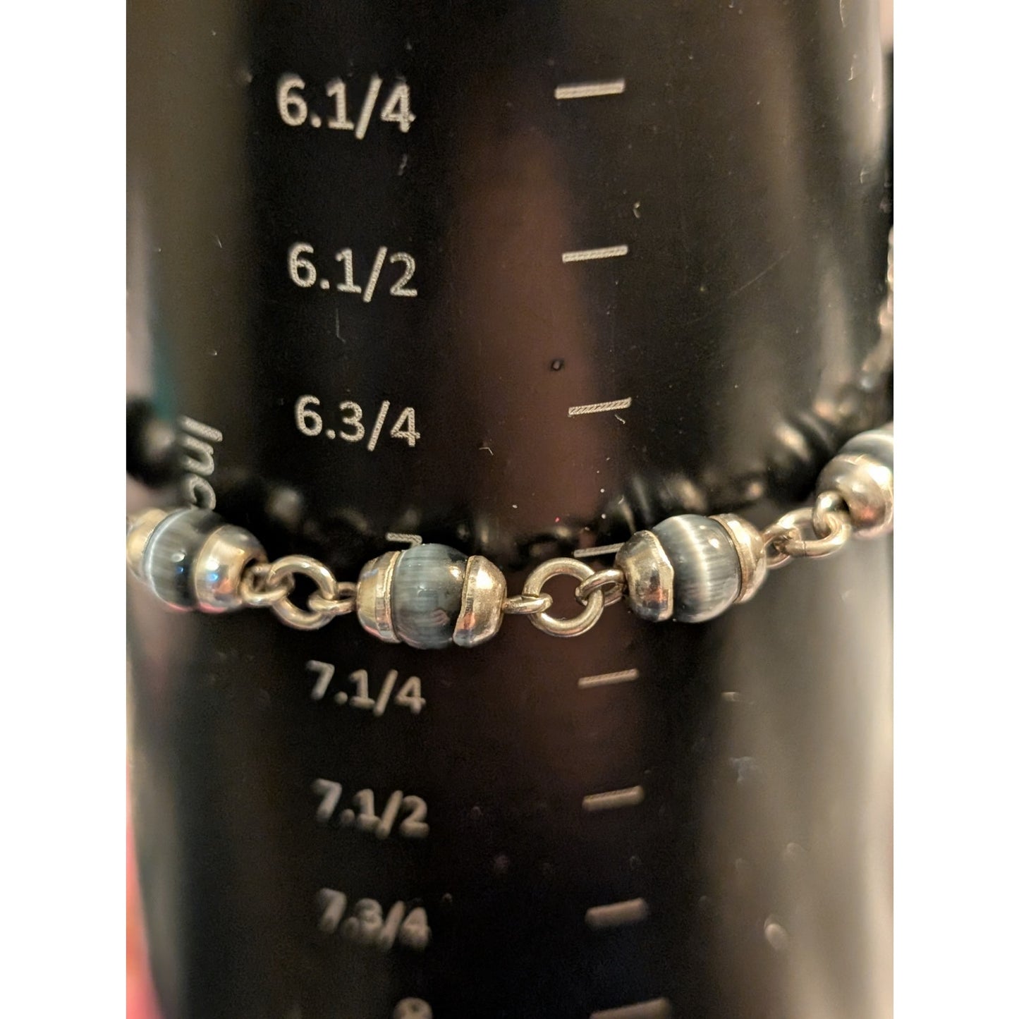 Vintage Gray Cat's Eye Glass Bead 925 Sterling Silver Hook Clasp Bracelet