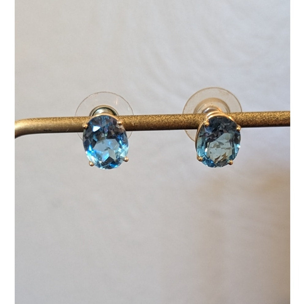 Stamped Tested 14k Gold 4ct Oval Blue Topaz Solitaire Basket Set Stud Earrings