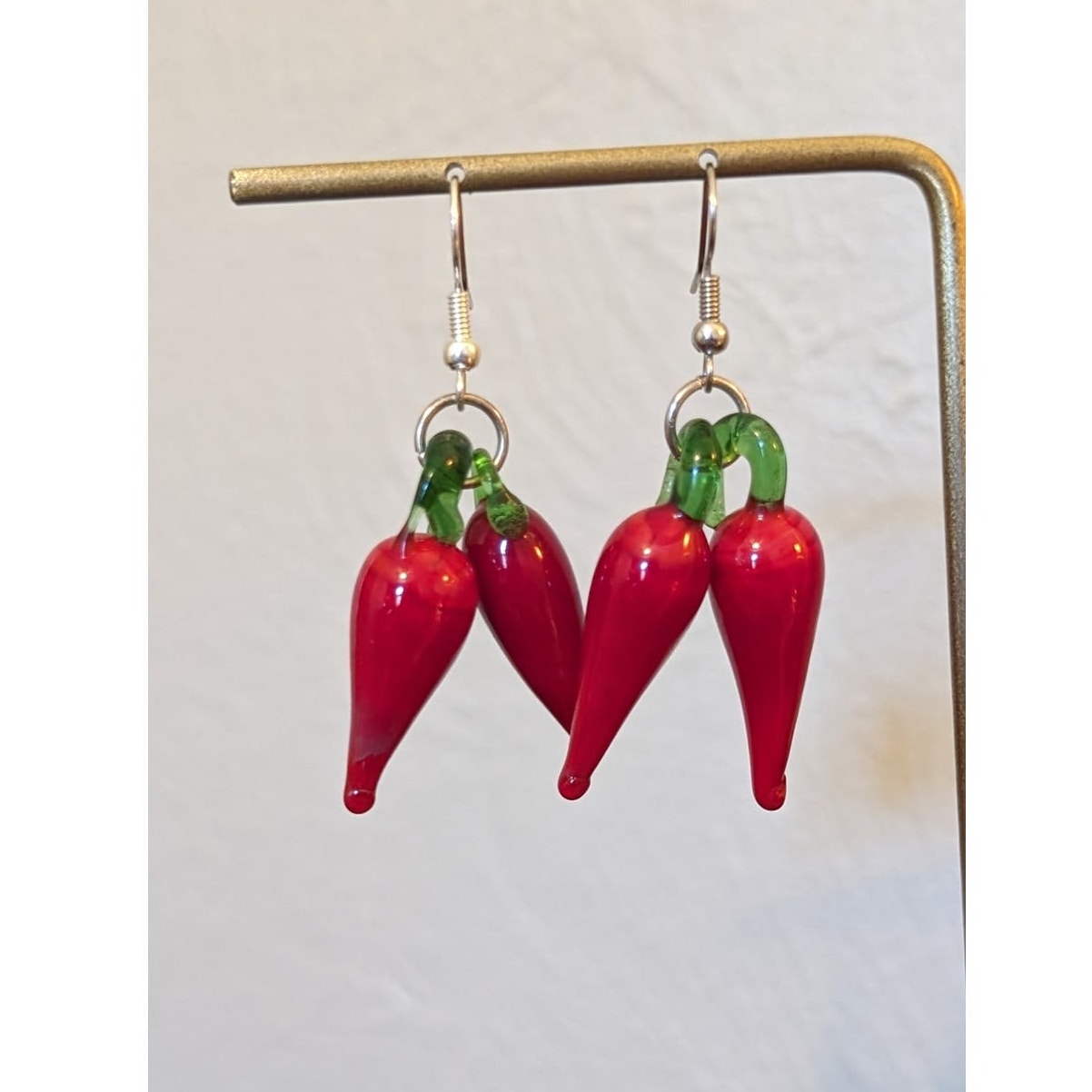Red Hot Chili Pepper Glass Dangle Wire Earrings