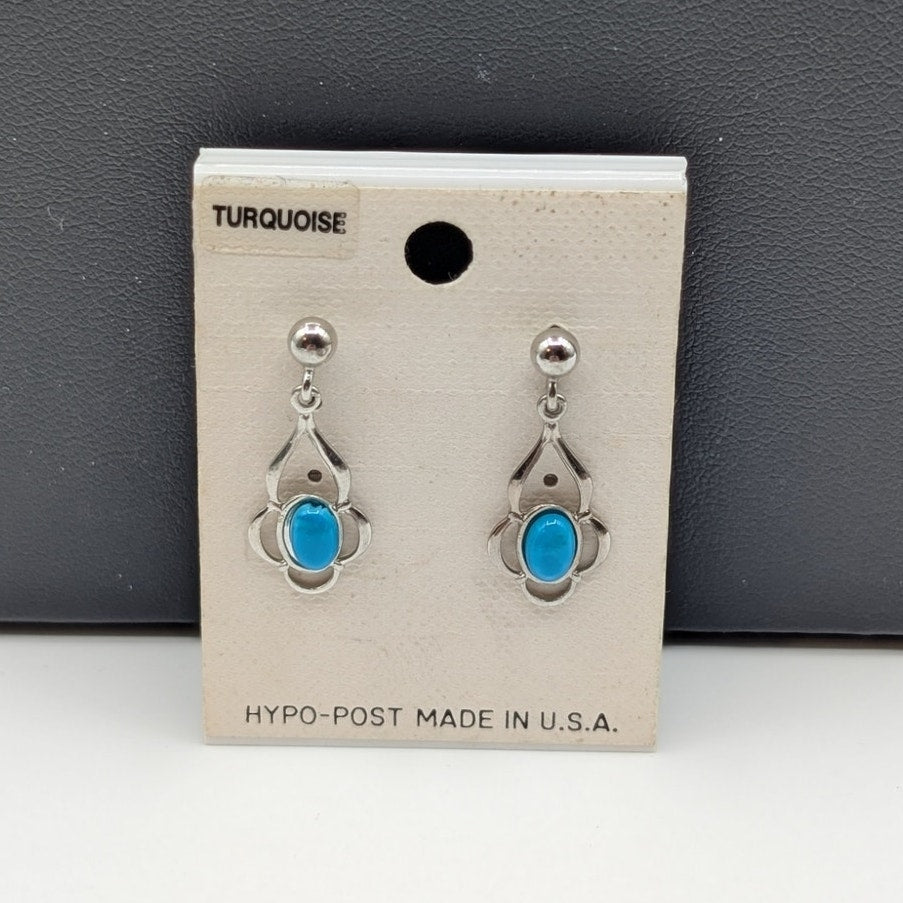 Vintage Turquoise Silver Tone Dangle Hypo-Post Made in USA Earrings NWT