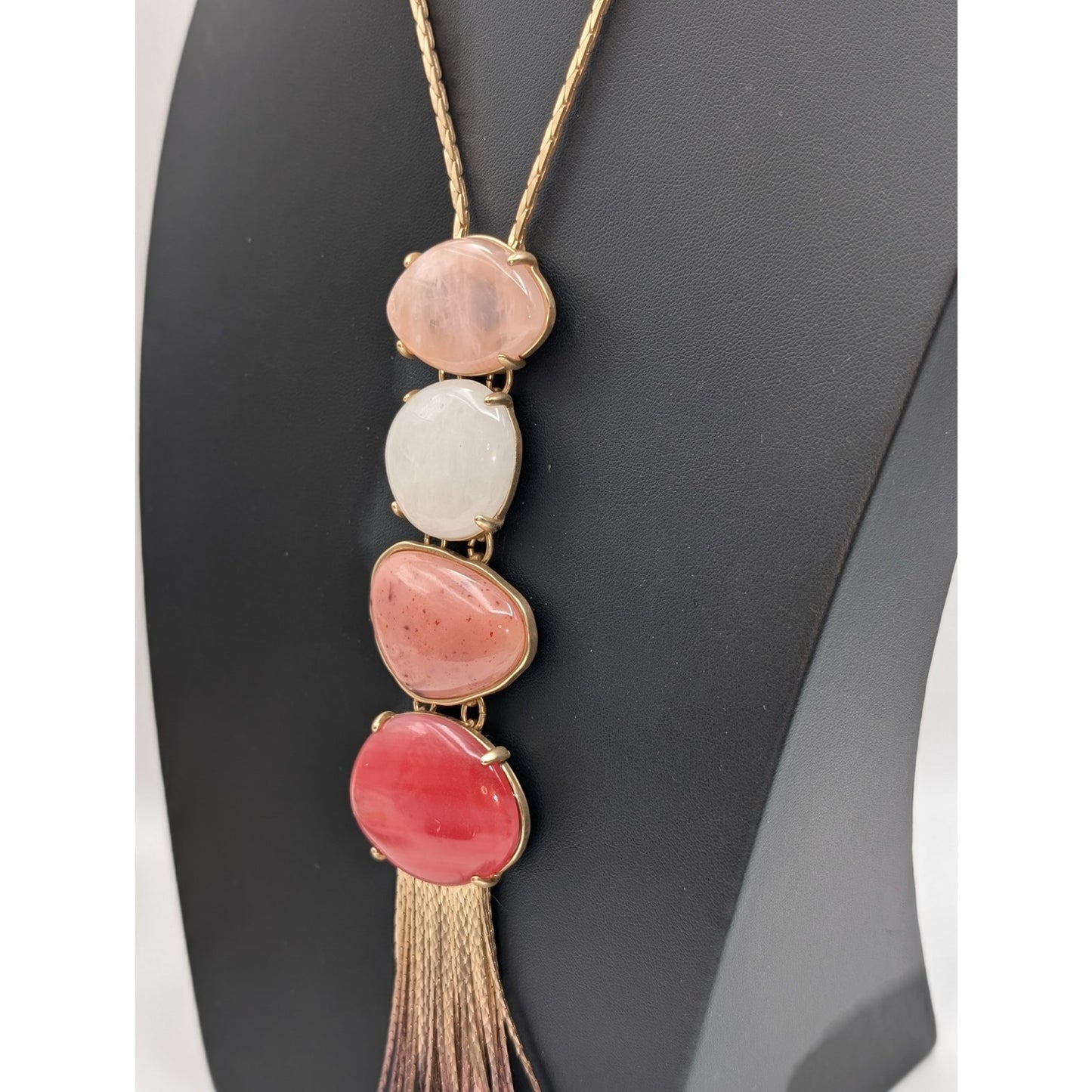 Gold Tone Pull Chain Up to 36" Stone & Acrylic Ombre Tassel Fringe Long Necklace